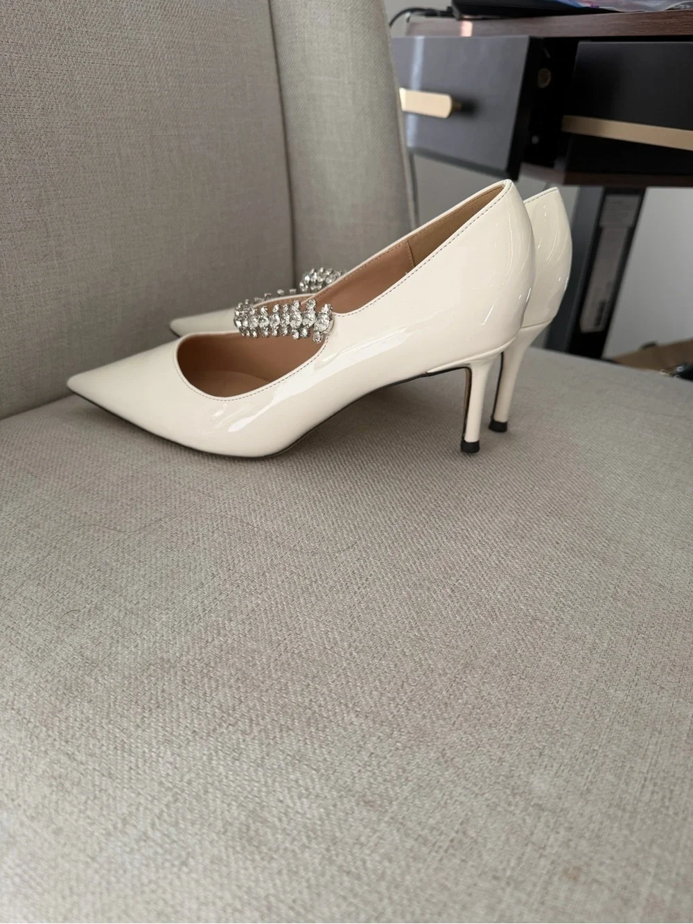 Never worn Jimmy Choo Ivory Pointed-Toe Crystal-Strap Pumps Bing Pump 65